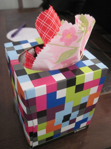 fabric scraps inside a tissue box