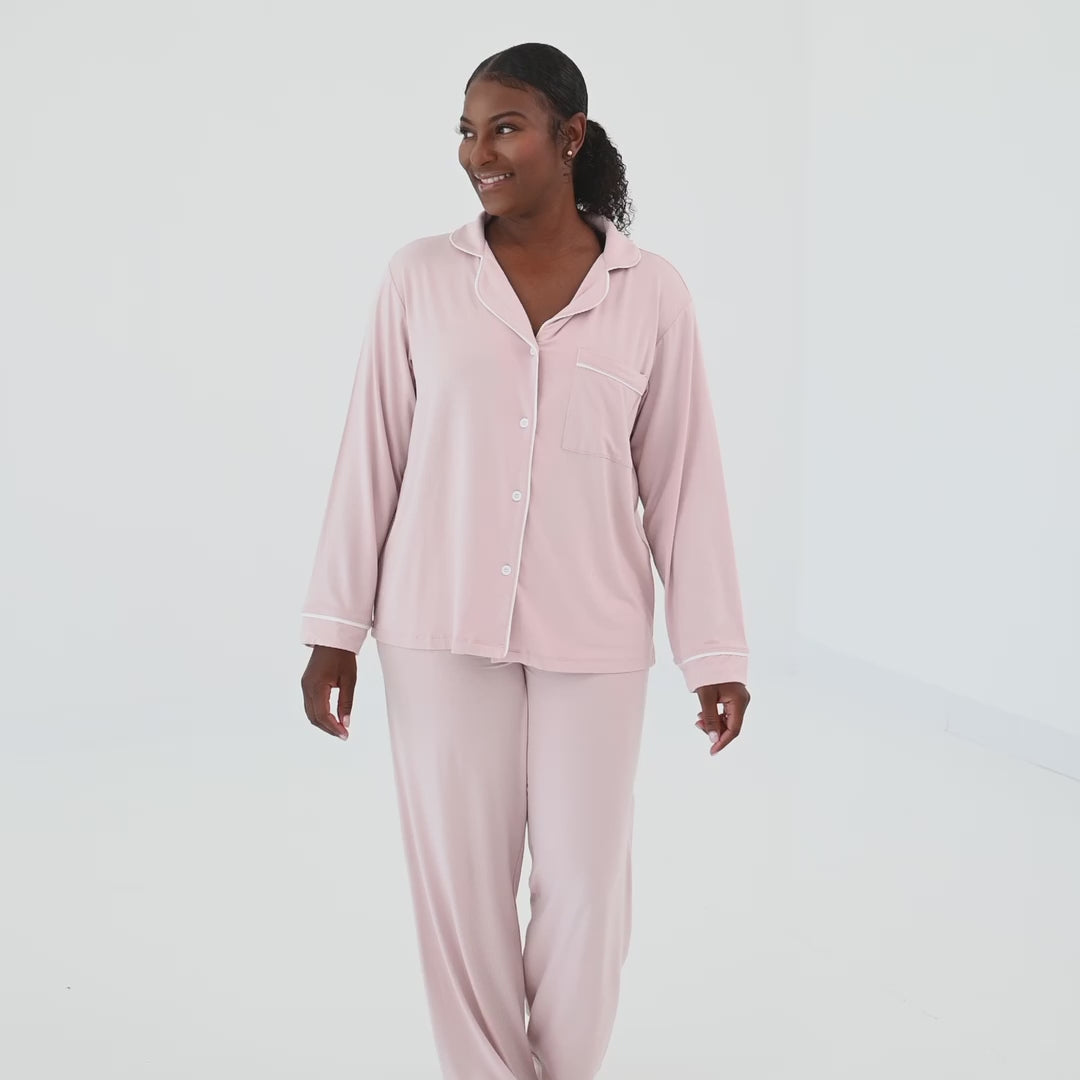 Women's Long Sleeve Pajama Set in Snow with Midnight Trim