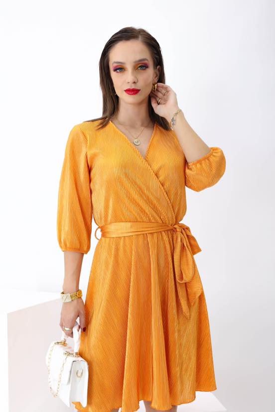 Vestido midi casual naranja dama con mangas cinto – LoveQuiero