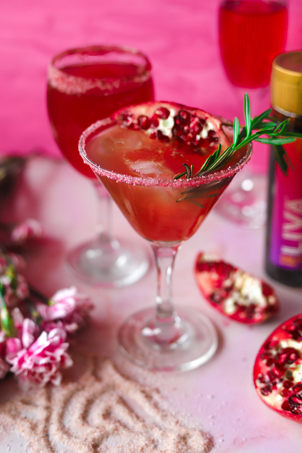 Pomegranate alcohol free cocktail, made with LIVA Date Syrup