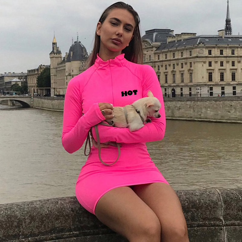 long sleeve neon pink dress