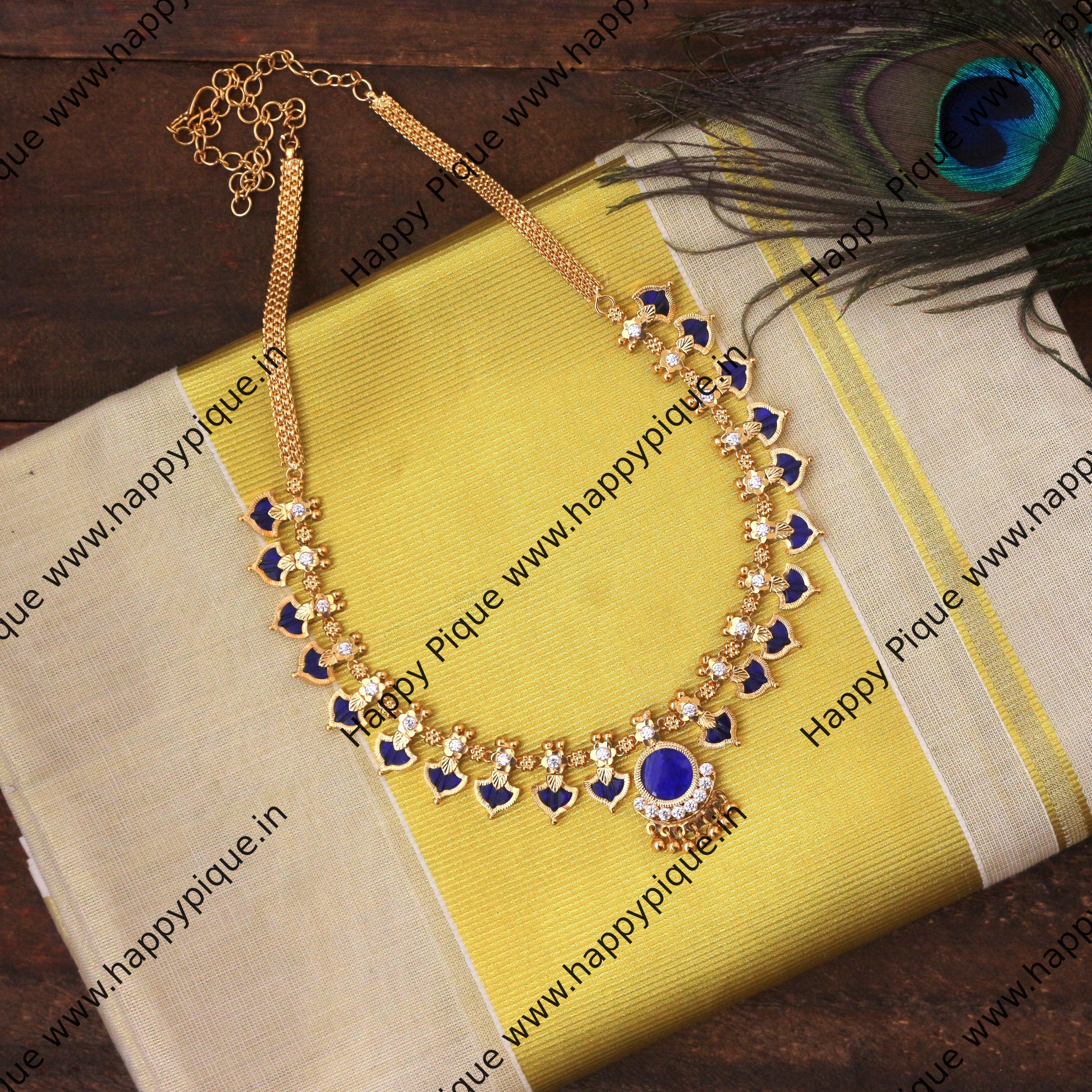 Gold tone blue stone mulla mottu Kerala style necklace set dj-37490 –  dreamjwell
