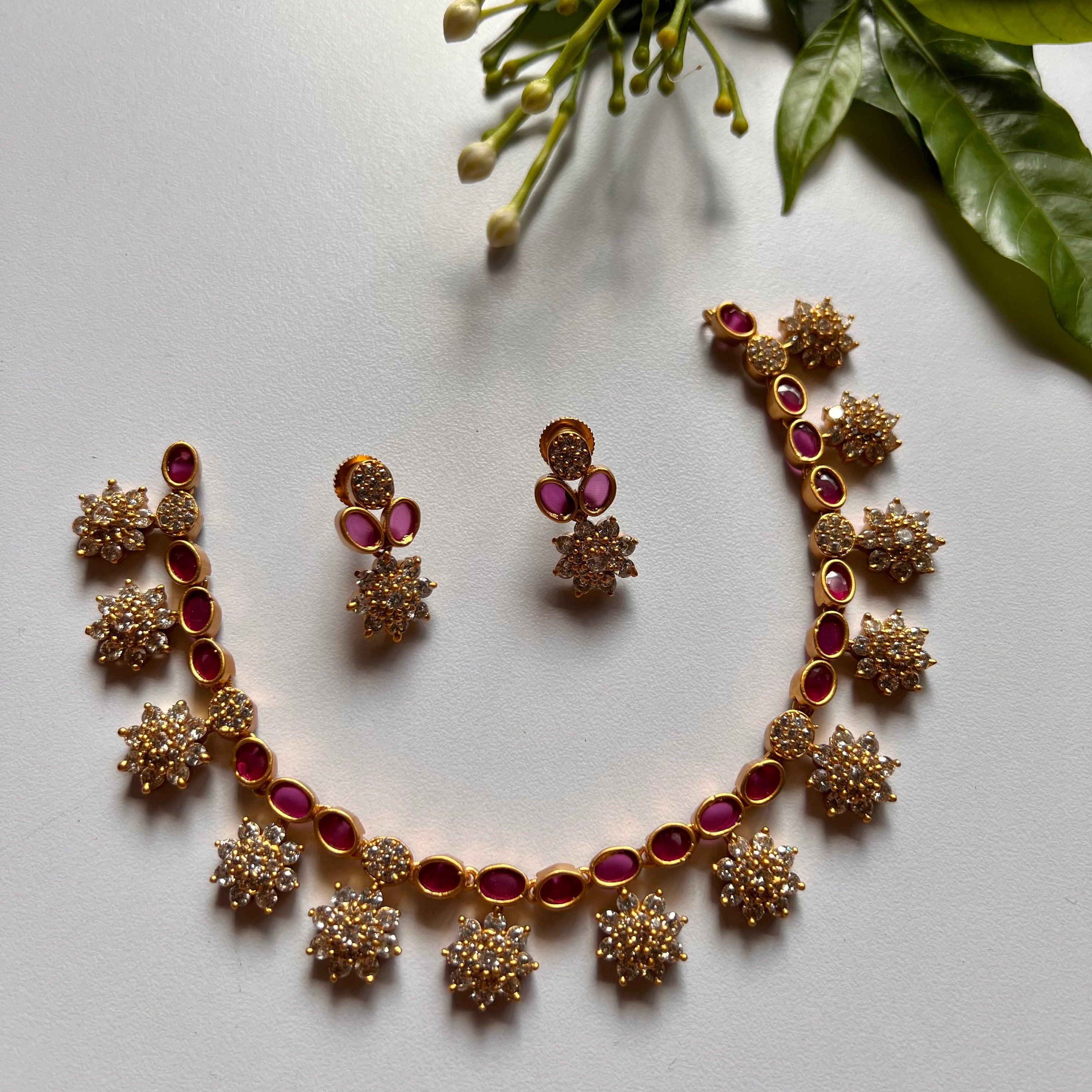Antique Matte Flower Oval AD Necklace Set- Ruby