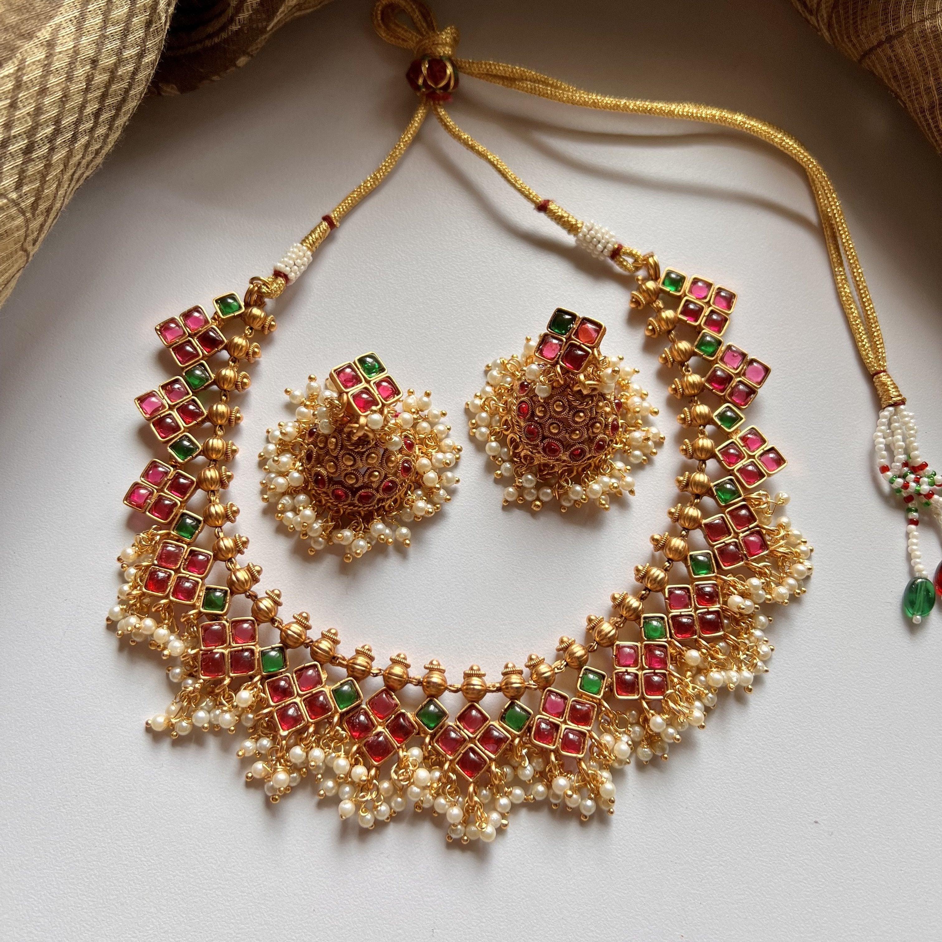 Antique Gold Squares Kemp Necklace Set - Red & Green