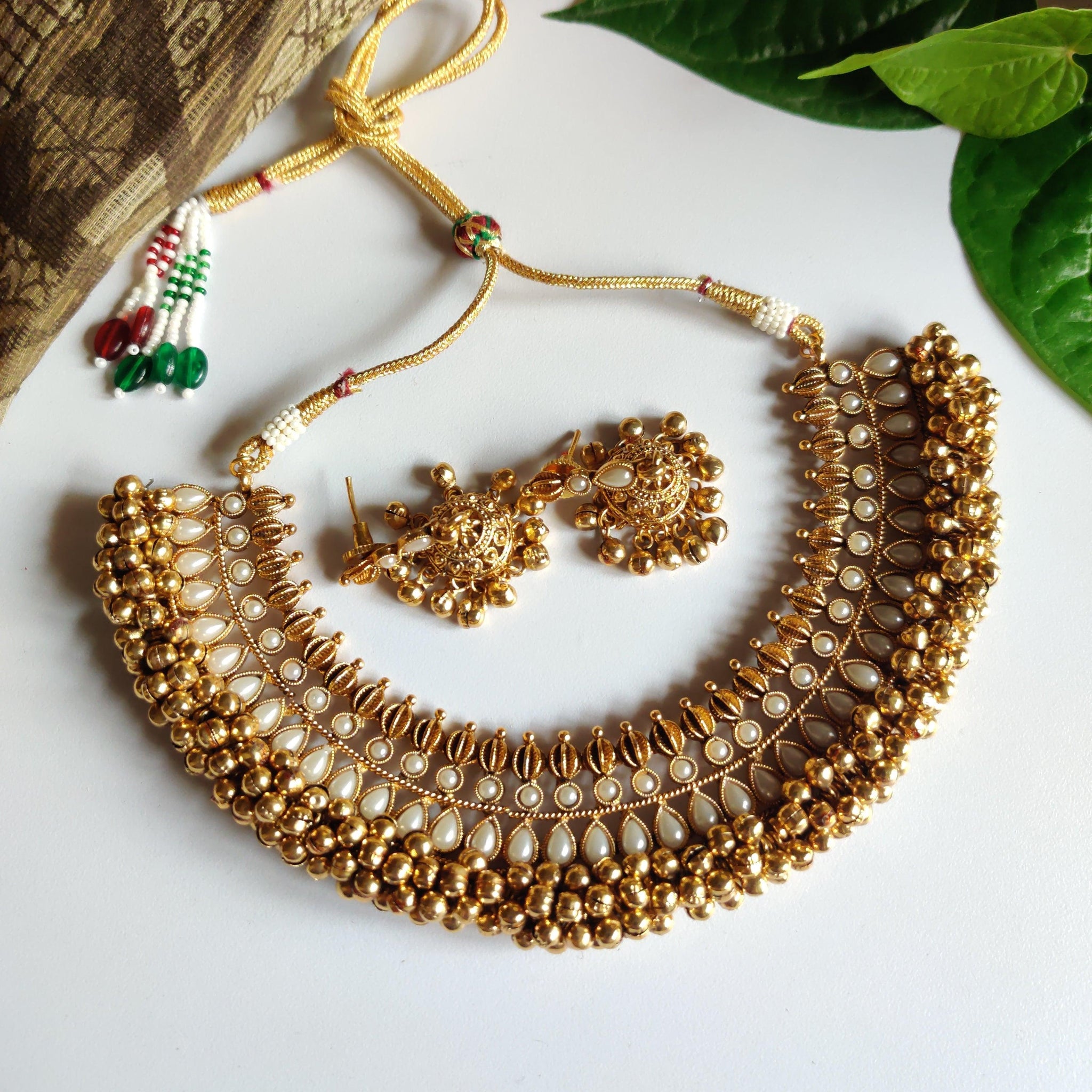 Antique Gold Ghungroo Necklace Set - Pearl