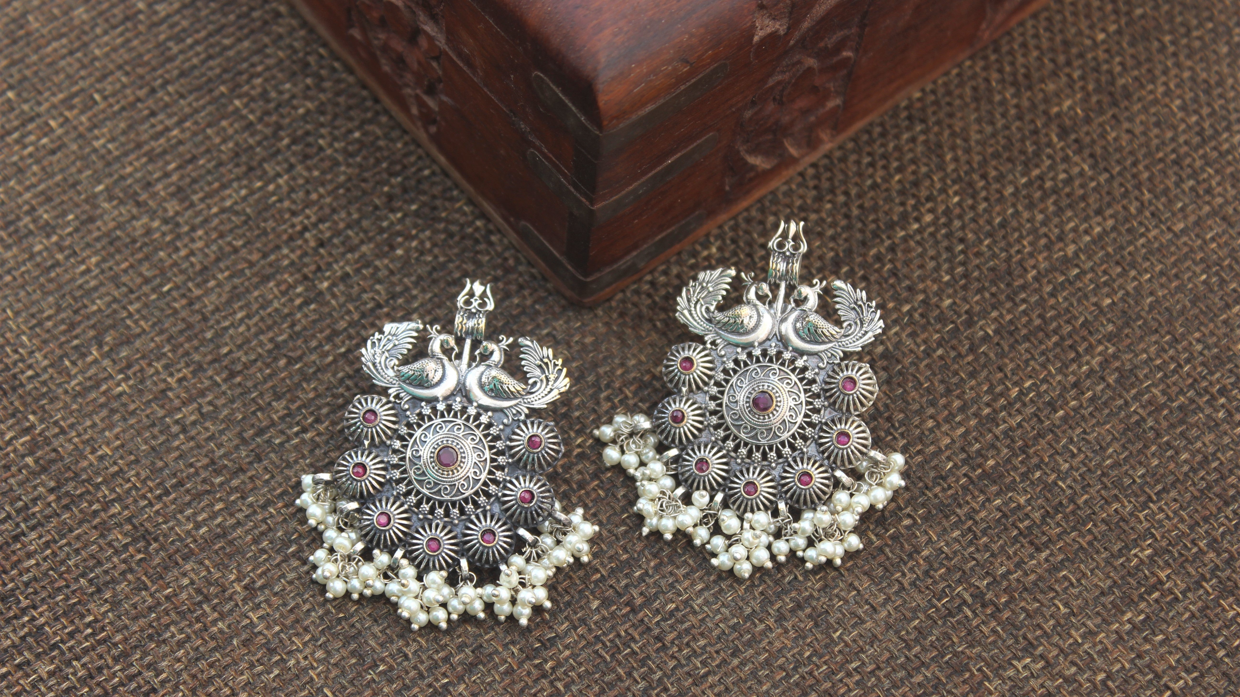 Premium Silver Look Alike Trishul Peacock Flower Chakra Chand Bali Earrings- Ruby