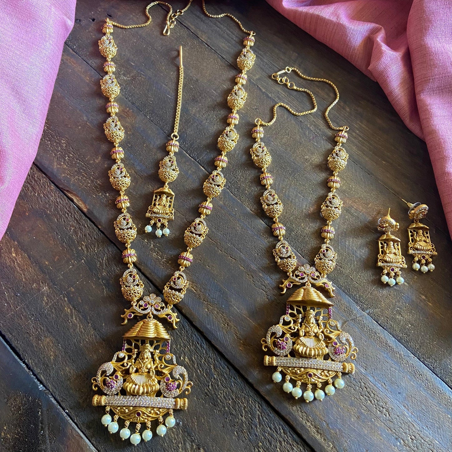 Contemporary Design Gold Look Mahalakshmi AD Mayil Bridal Combo - Happy Pique 