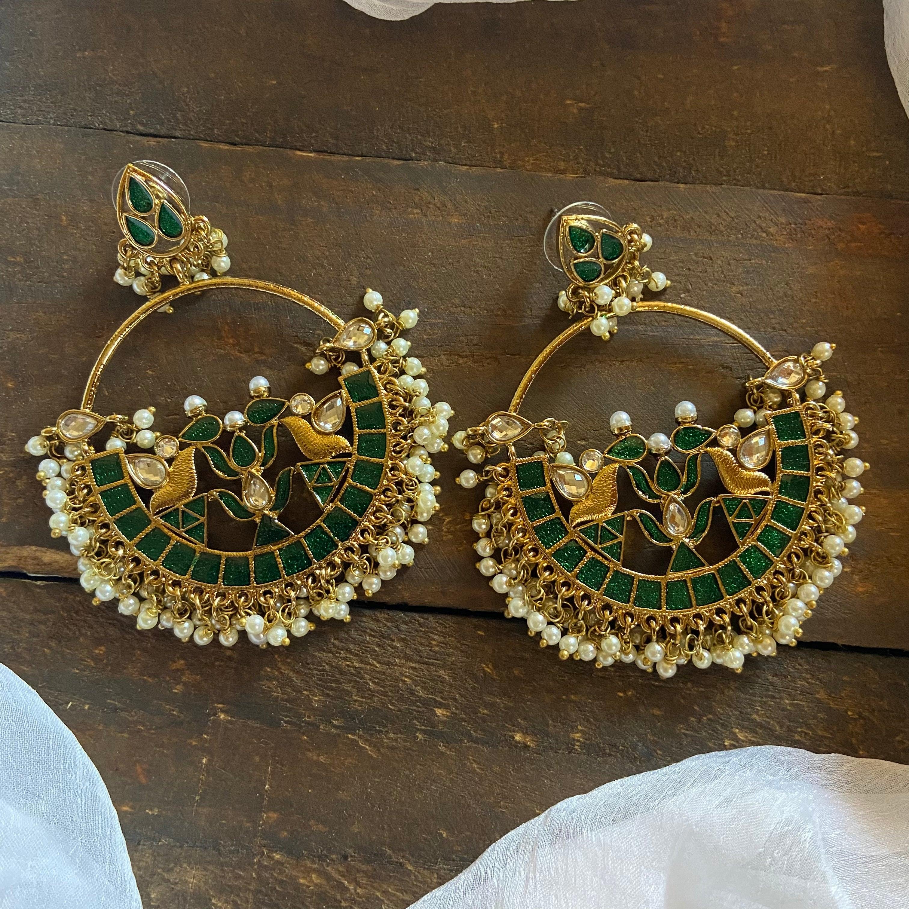 Festive Bollywood Style Chaandbali Earrings - Glossy Green