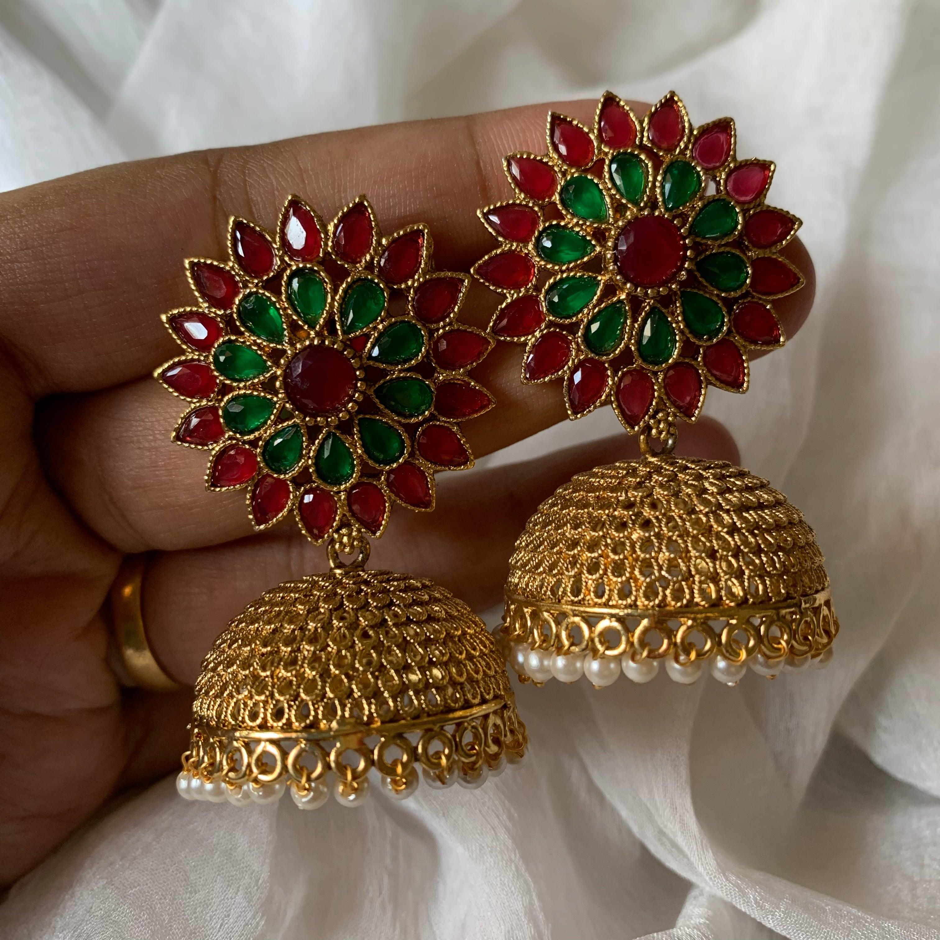 Light Weight Flower Stud AD Jhumkas - Red & Green