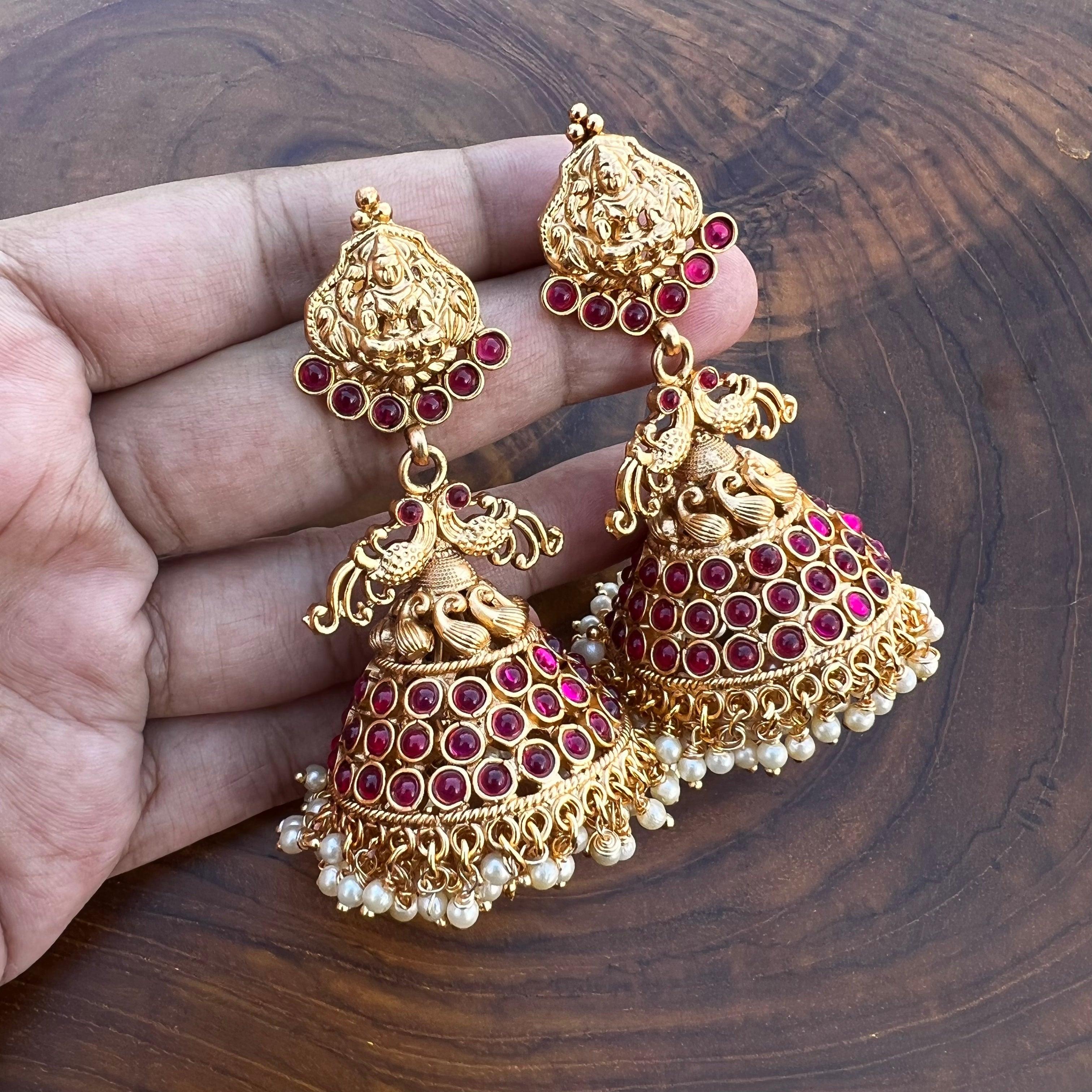 Antique Gold Mahalakshmi Mayuri Kemp Bridal Jhumkas