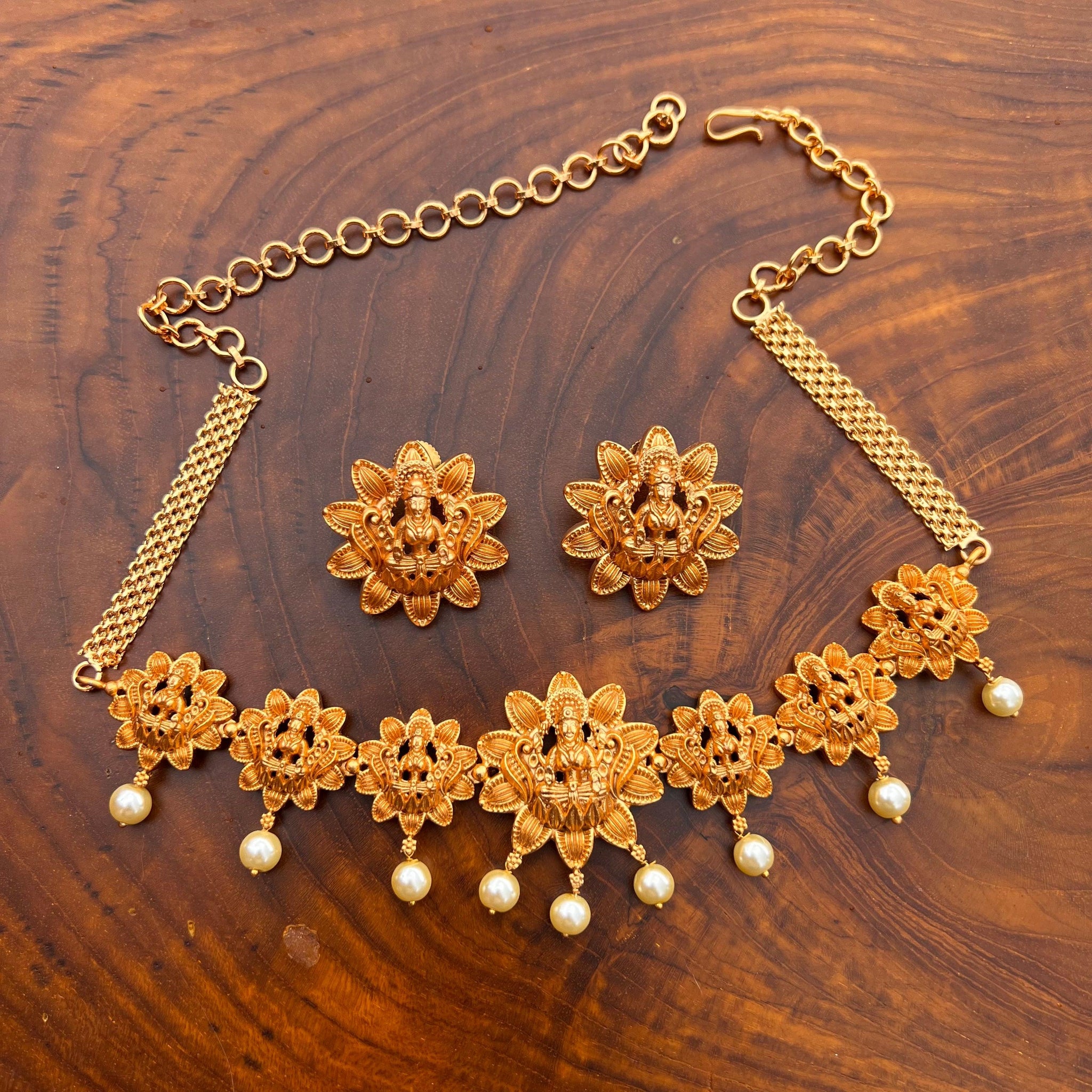 Antique Matte Lakshmi Flower Choker Necklace Set