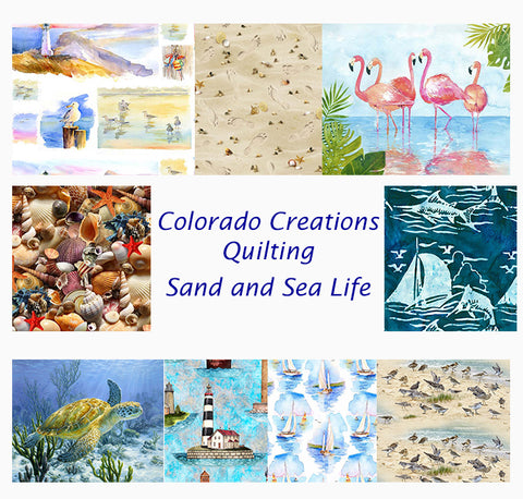 Combination of quilting fabrics featuring sailboats, lighthouses, seashells, sea turtles, flamingos, sand pipers and seagulls