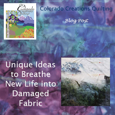 Blog post picture features damaged fabric featuring eagles flying over the mountains.  Unique Ideas to Breathe New Life into Damaged Fabric by Colorado Creations Quilting