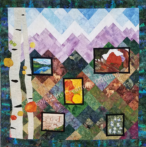Snapshots of Colorado quilt by Jackie Vujcich features images of Garden of the Gods, aspen leaves, columbines, Maroon Bells and Mesa Verde