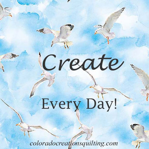 Image shows seagulls flying in a light blue sky with the words "Create Every Day" 