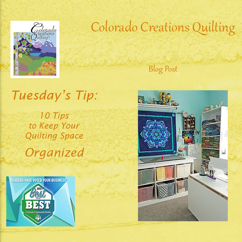 A clean quilting room with fabric neatly stacked on shelves or bins.  See my tips on how to organize your sewing space at Colorado Creations Quilting blogs 