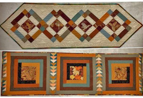 Fall table runners are featured with log cabin quilt blocks and custom batik wildlife, leaves and corn in the center of other blocks