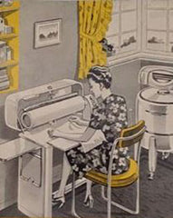 Image of woman in the 1950s using a mangle by Colorado Creations Quilting
