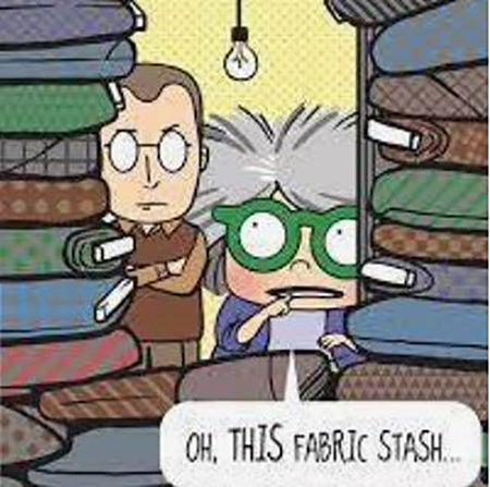 Mrs Bobbins cartoon features her and her husband looking at her neatly folded fabric stash hidden in a closet.