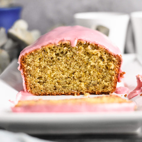 inside of earl grey loaf cake with pink icing