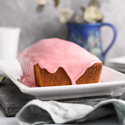earl grey loaf cake with pink blood orange glaze