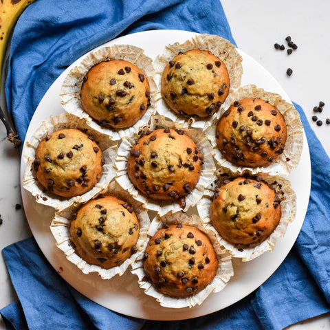Banana muffins with chocolate chips on plate from overhead