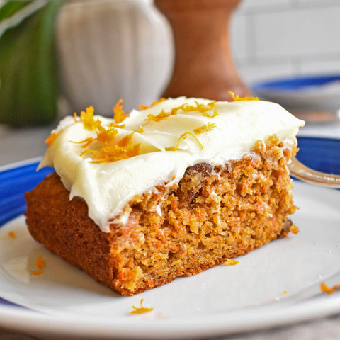 closeup of square slice of carrot cake