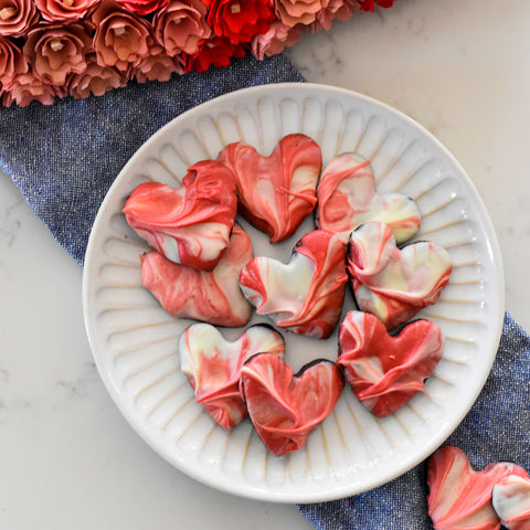 marbled valentine chocolate heart cookies overhead on plate