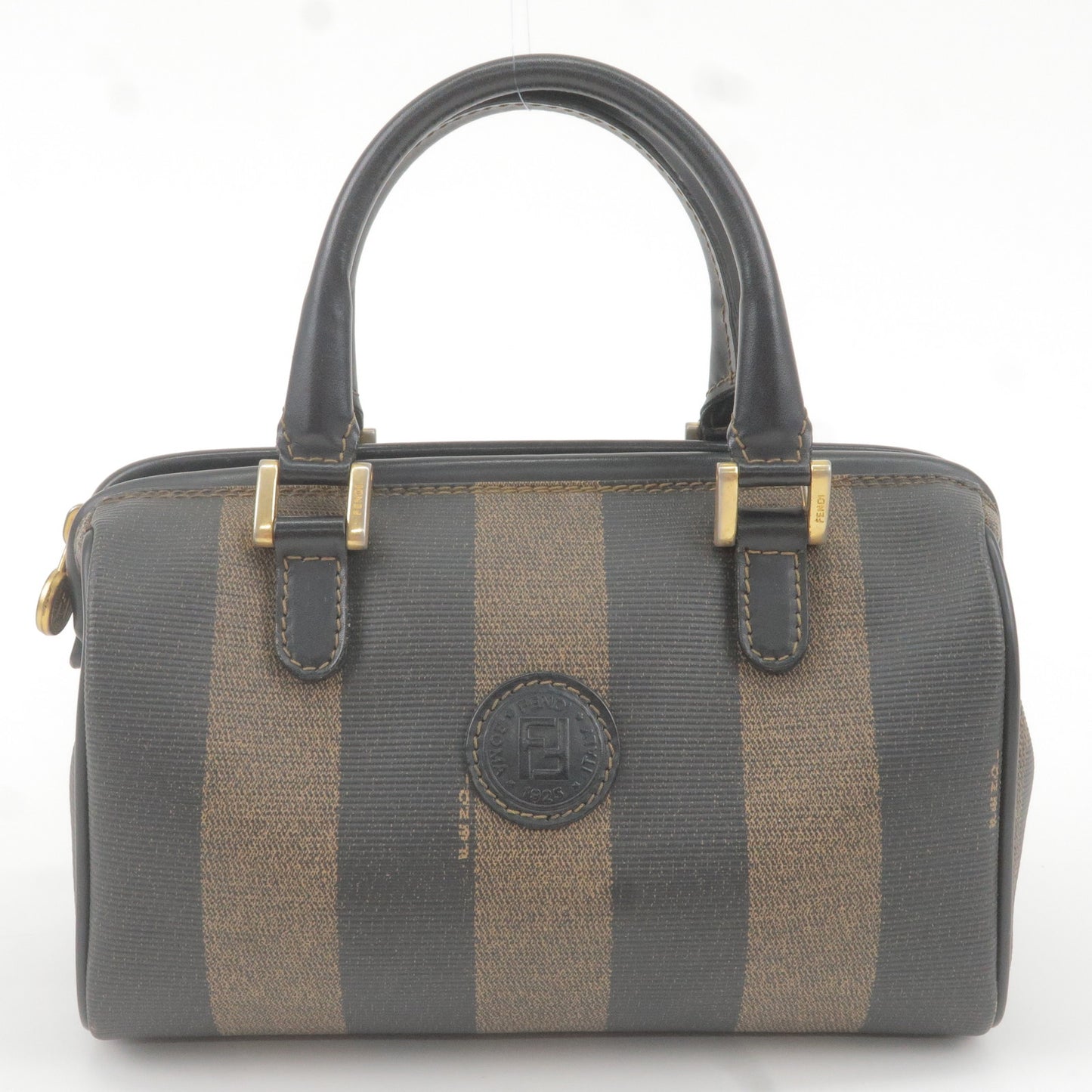 Fendi Brown, Pattern Print Leather Trimmed Mini Pequin Boston Bag w/ Strap