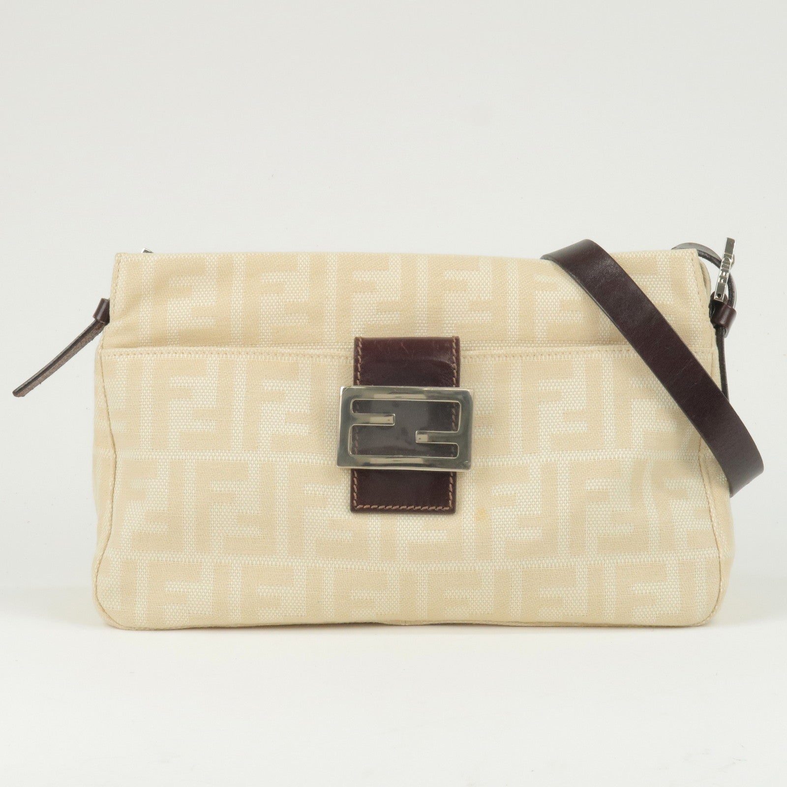 FENDI Vintage Zucca Tote Bag Shoulder Bag Brown Gold Zip Canvas Leather  Rank AB