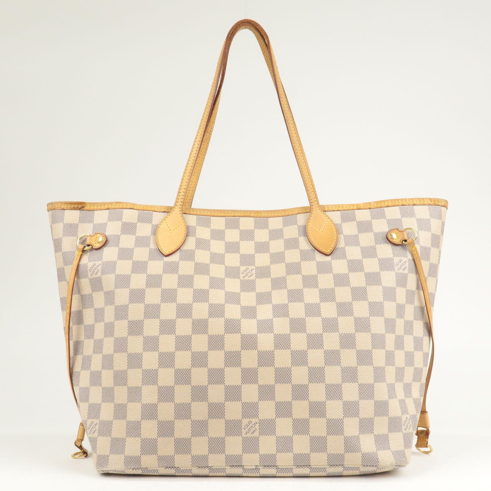 Louis Vuitton White and Beige Damier Azur Coated Canvas Neverfull mm Gold Hardware (Very Good), White/Beige Womens Handbag