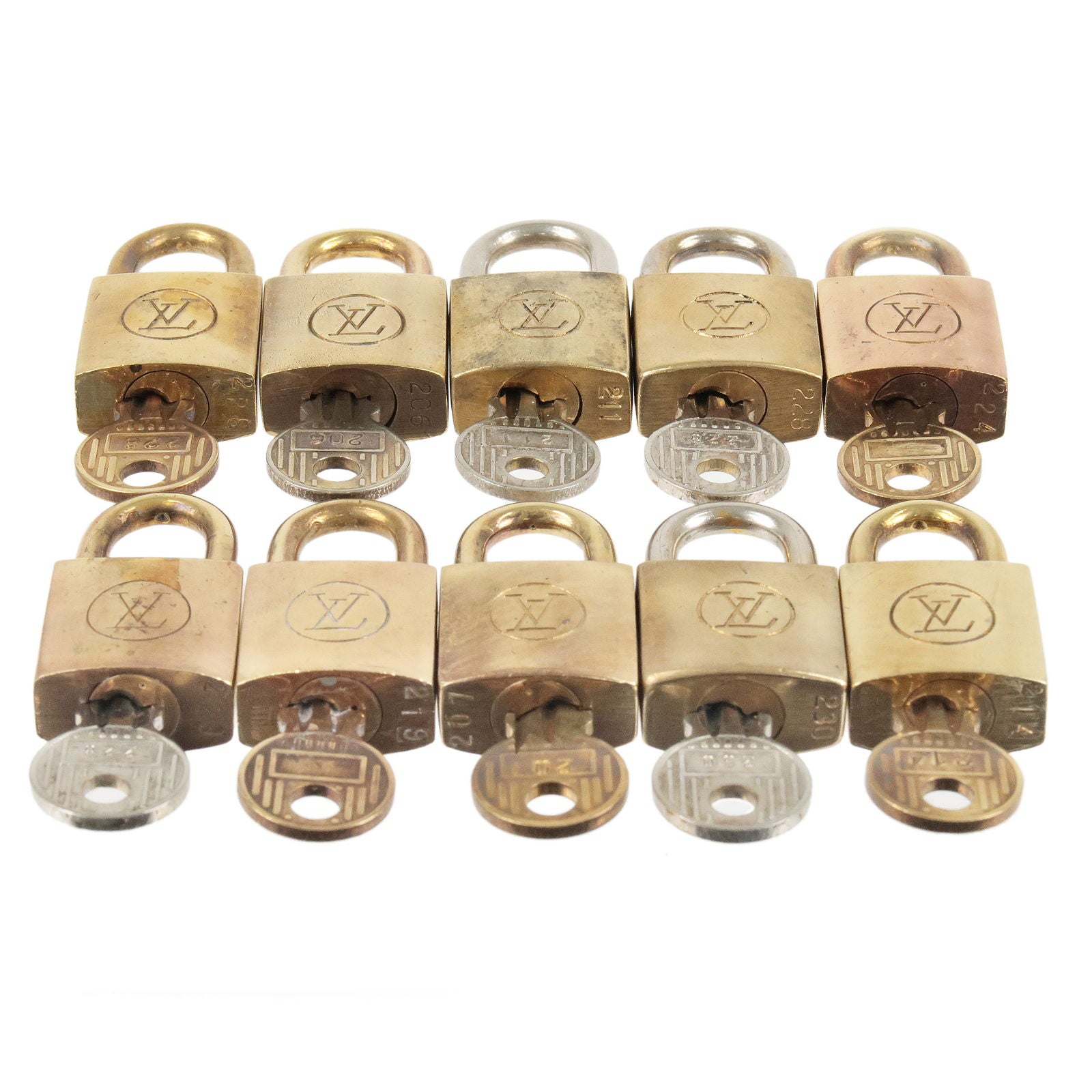 Authentic Louis Vuitton Set of 10 Lock & Key Cadena Key Lock Gold Used  F/S