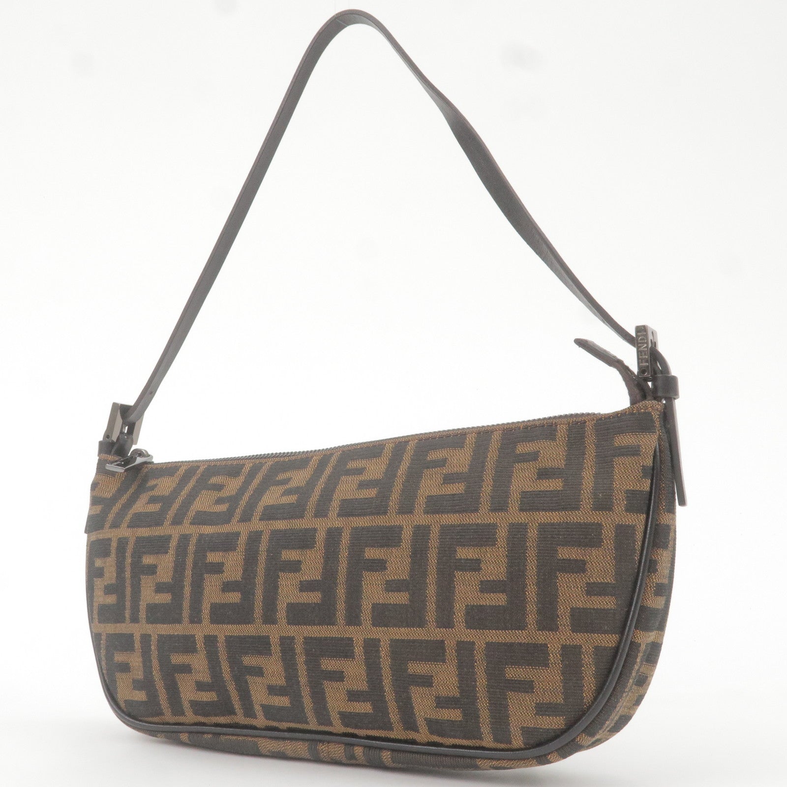 FENDI Vintage Black Logo Zucchino Monogram Canvas Leather Trim Baguette