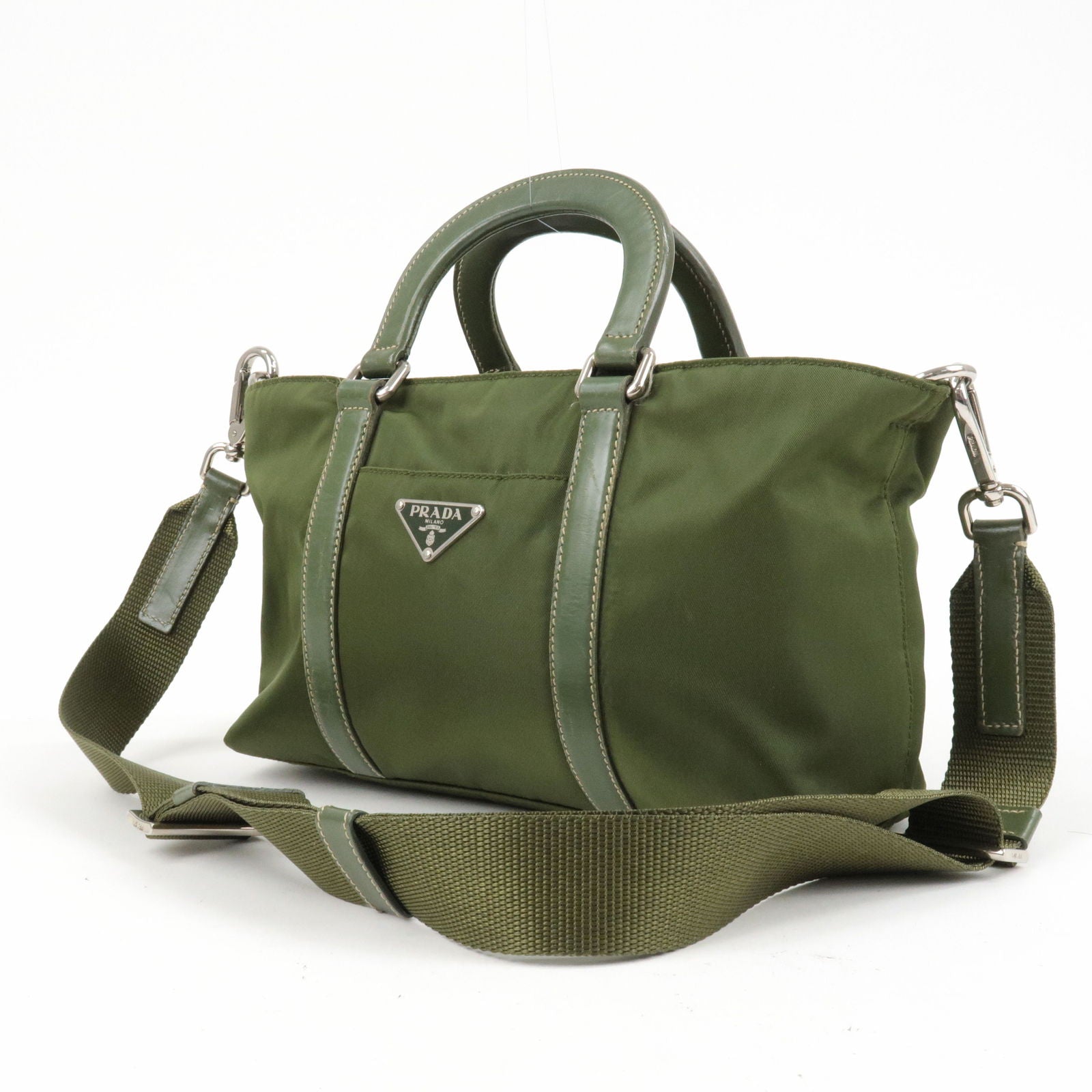 Auth PRADA Green Nylon and Leather 2 Way Hand Tote Shoulder Bag Purse  #53664A
