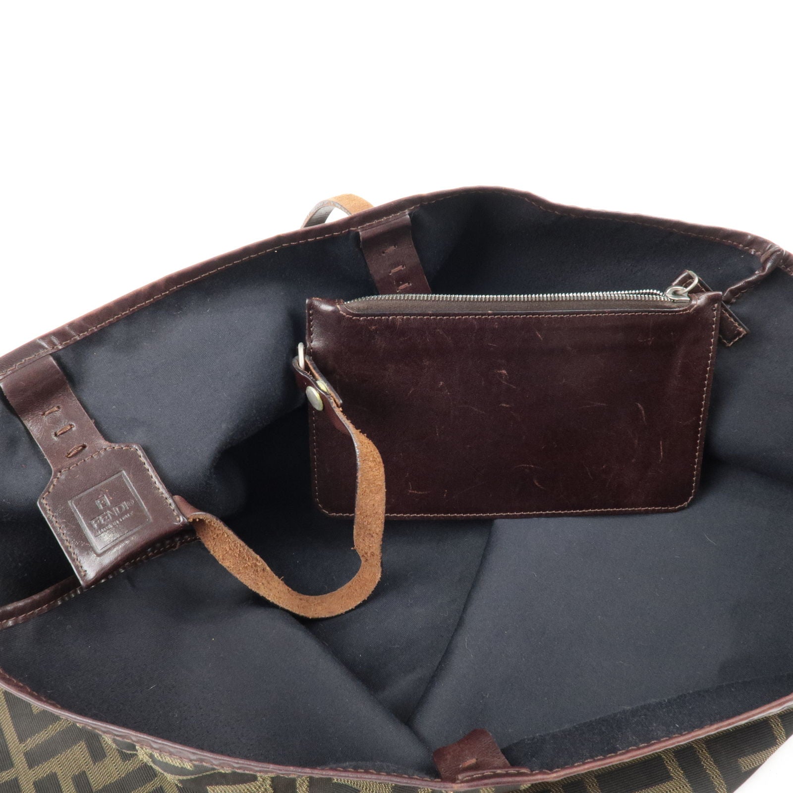 Fendi Tote Bag Khaki Black Brown Zucca Canvas Leather FENDI FF Eco Lad