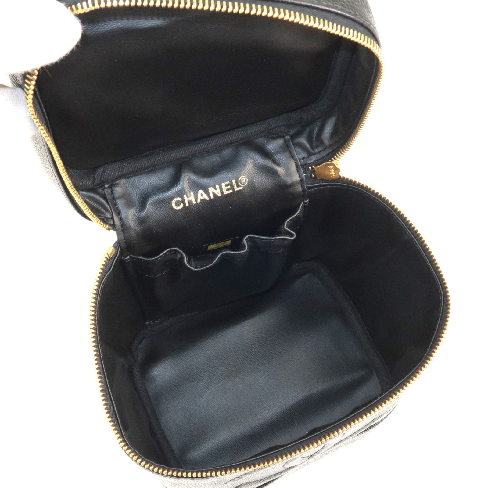 CHANEL Caviar Skin Leather Black Cosmetic Case Vanity Box Handbag
