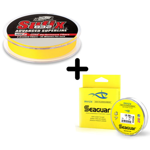 Sufix 832 Braid with Seaguar InvizX 100% Fluorocarbon Leader Material 10lb / Hi-Vis Yellow / 8lb Sufix 832 Braid with Seaguar InvizX 100% Fluorocarbon Leader Material 10lb / Hi-Vis Yellow / 8lb