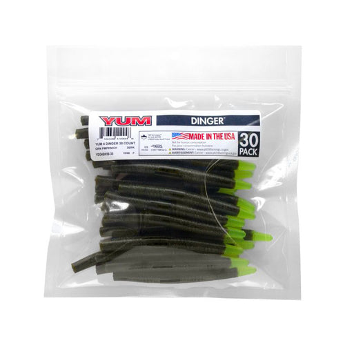 Yum Dinger Worm 4" - Bulk Pack Green Pumpkin/Chartreuse / 30 Pack Yum Dinger Worm 4" - Bulk Pack Green Pumpkin/Chartreuse / 30 Pack