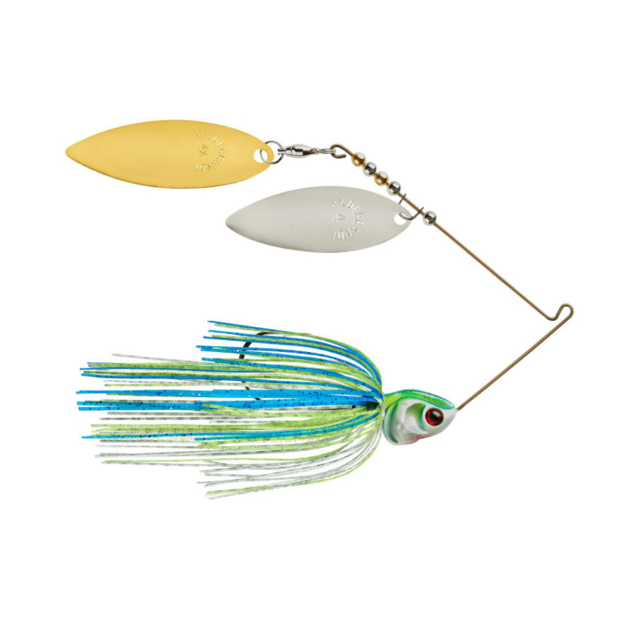 Booyah Covert Double Willow Blade Spinnerbait White Chart Blue / Nickel/Gold / 1/2 oz