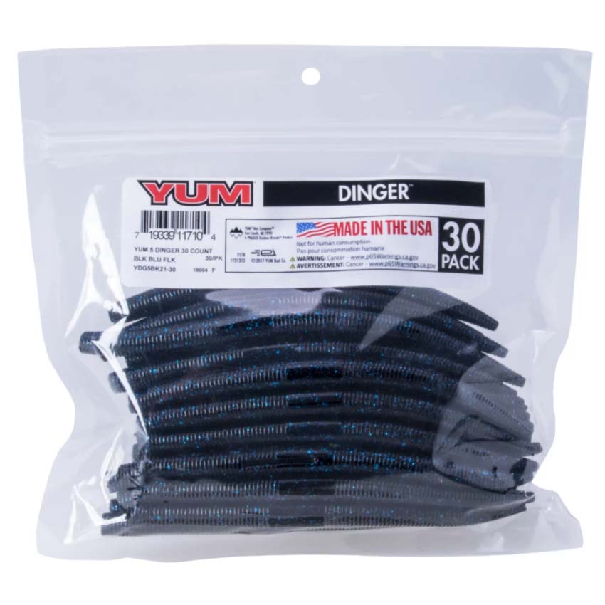Yum Dinger Worm 5" - Bulk Pack Black Blue Flake / 30 Pack