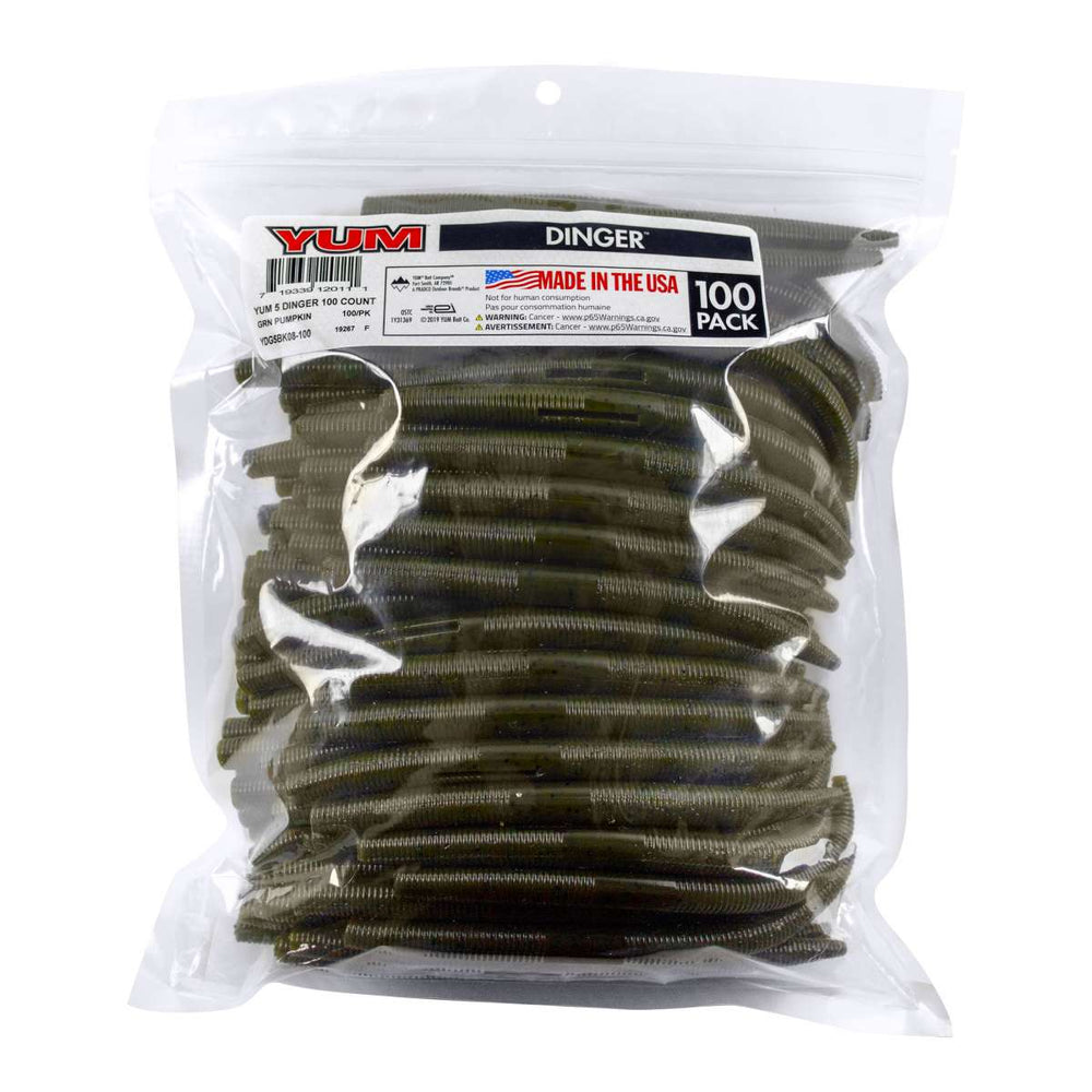 Yum Dinger Worm 5" - Bulk Pack Green Pumpkin / 100 Pack