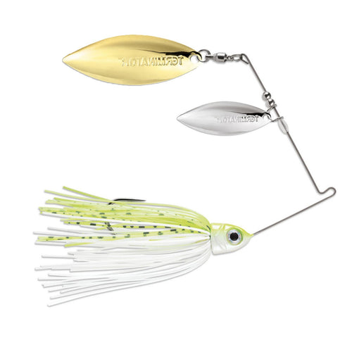 Terminator Pro Series Spinnerbait Double Willow Blades 3/8 oz / Chartreuse and White Shad / Nickel/Gold Terminator Pro Series Spinnerbait Double Willow Blades 3/8 oz / Chartreuse and White Shad / Nickel/Gold