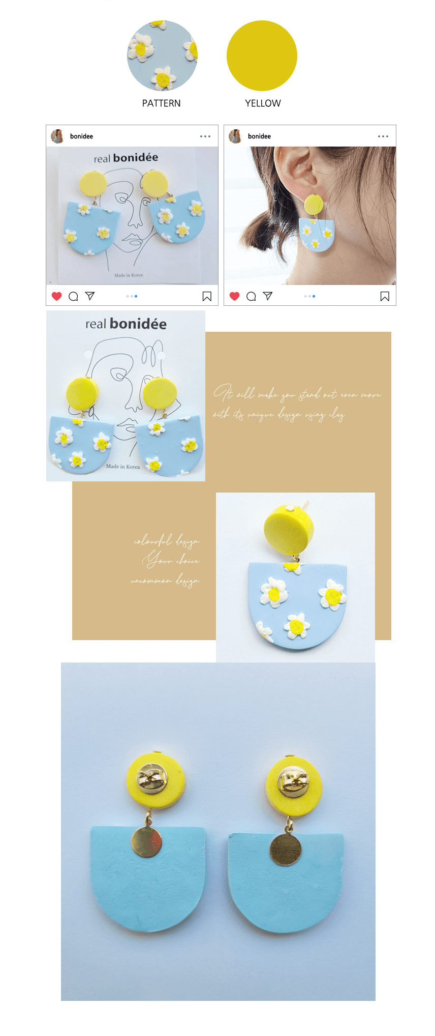 bonideé Handgefertigte Tonohrringe – Himmelblaues Gänseblümchen