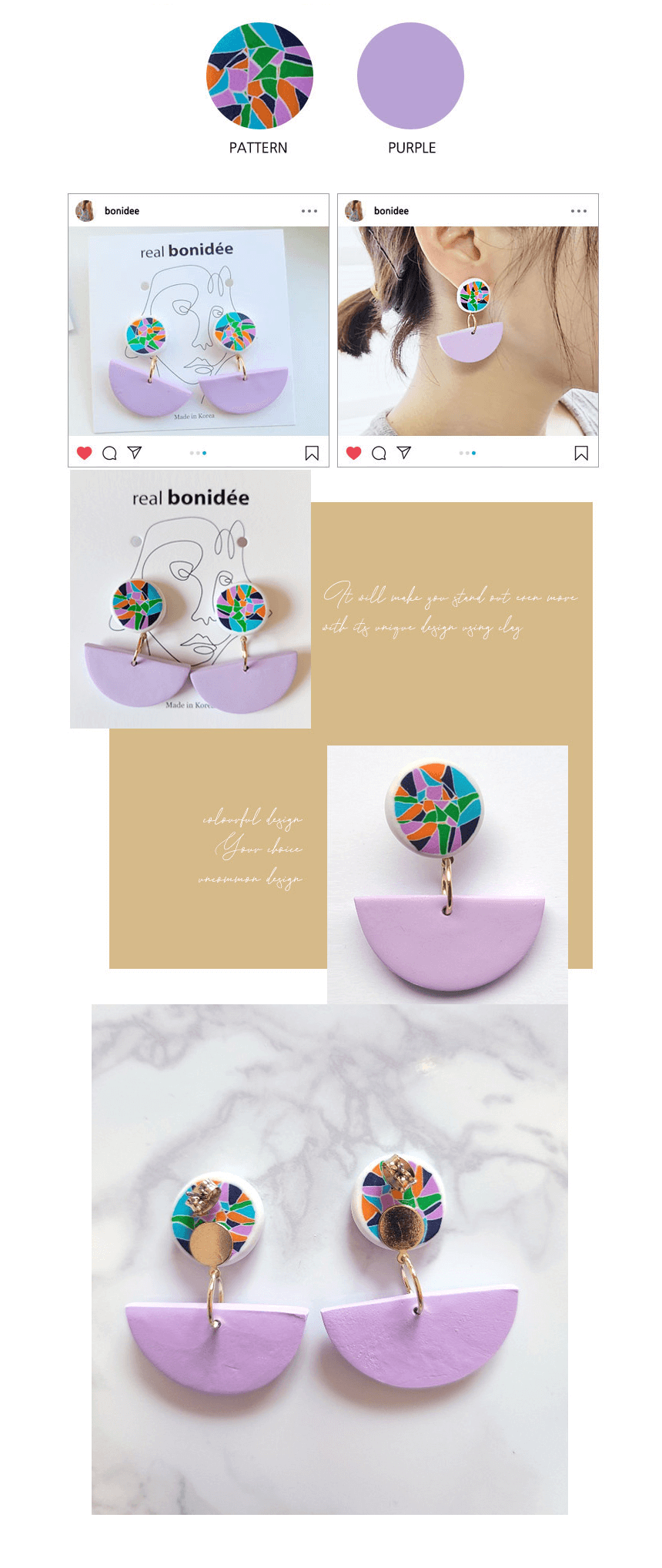 bonideé Handmade Clay Earrings - Violet Mix Tile