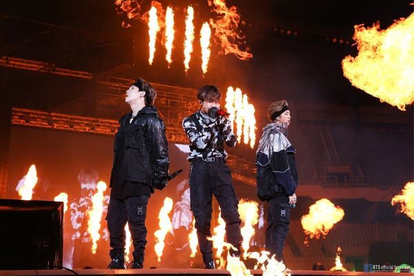 Suga, J-Hope, and RM during their performance of Tear during the BTS Love Yourself Speak Yourself The Final concerts.