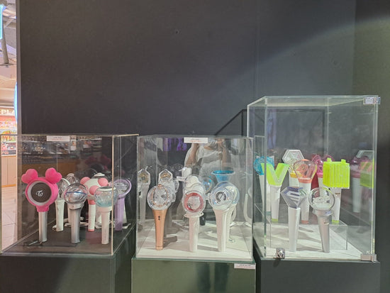 Lightsticks of different groups in the K-pop Zone of Lotte Young Plaza