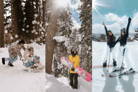 A set of photos with people sledding, snowboarding, and skiing in the snow.