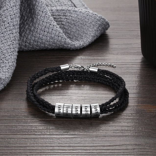Personalized Mens Leather Braided Bracelet With 5 Sterling Silver Cust - LORAJEWEL