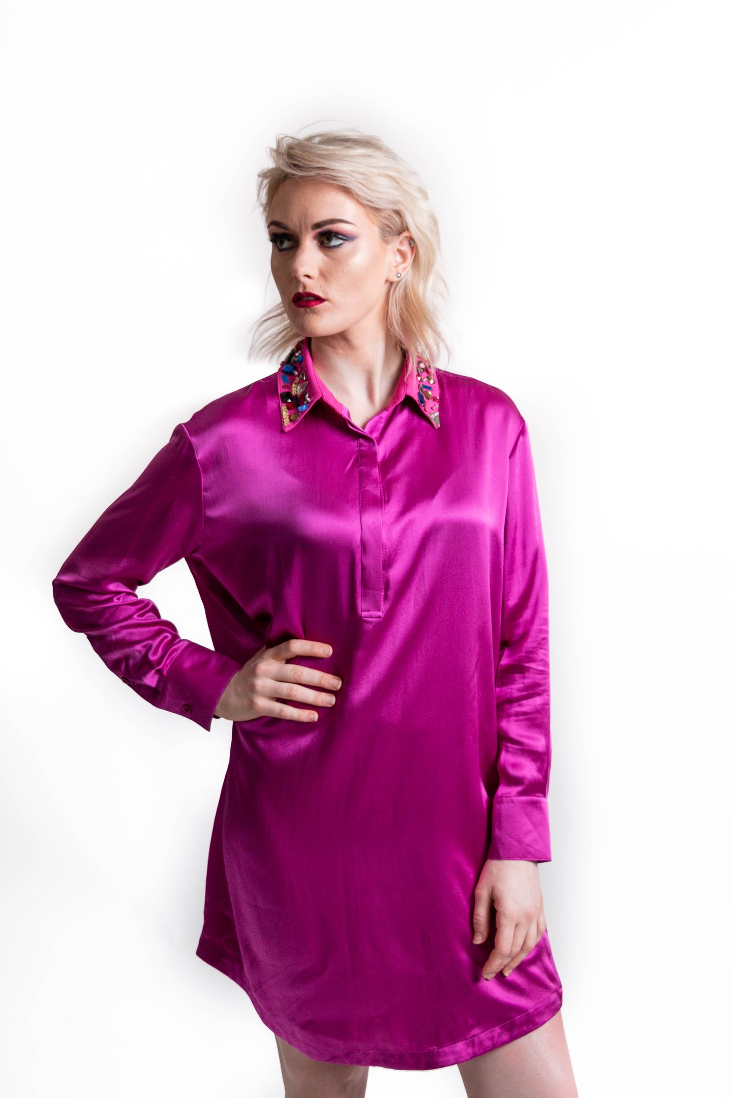 pink silk shirt dress