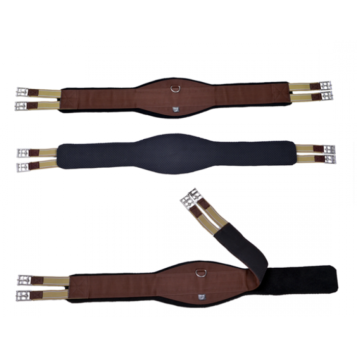 Brown english riding girth with removable neoprene.  Contoured (wider at belly).  Elastic at both ends. 